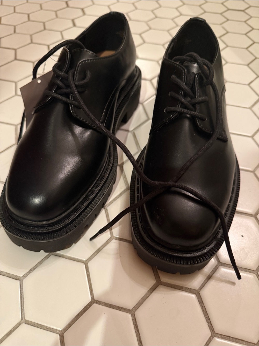 Women's H &M Black Leather Derby Shoes with Lug Sole